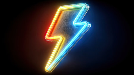 An illuminated lightning bolt is depicted with neon-style lighting against a dark backdrop. The visual characteristics include vibrant colors like red, yellow and blue hues, creating a sharp contrast. The artistic rendering could be used for illustrating topics related to energy, technology, or creative design projects.の素材