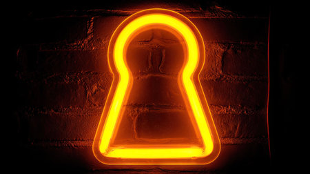 An illuminated neon keyhole shape glows against a dark brick wall. The orange light creates a stark contrast with the textured surface. This image uses light and shadow to create a visual statement on concepts of access, protection, or privacy. Suitable for a variety of editorial or commercial applications.の素材