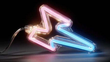 A stylized neon star shape glows brightly against a dark background, showcasing a gradient of colors. The artistic composition uses electric light tubes. It could be suitable for various design applications, including advertising or illustrating concepts related to light and energy.の素材