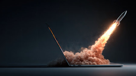 A digital illustration depicts a rocket blasting off from an open laptop screen. The scene features a dark background, highlighting the bright, orange flames and smoke. The composition and lighting create a sense of movement and energy, ideal for promotional or editorial purposes.の素材