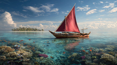 A sailboat with a red sail floats on clear turquoise water in a coastal setting. The image showcases coral formations beneath the surface, while a small island is visible in the distance under a blue sky. Suitable for use in travel, tourism, and environmental publications.の素材