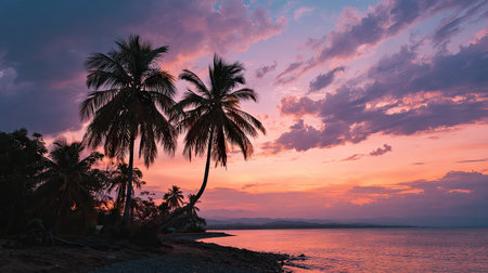 This image depicts palm trees silhouetted against a colorful sunset. The sky transitions through shades of purple, orange, and pink, reflecting on the water. The composition showcases a tranquil scene, possibly located on a coast. It's suitable for various uses, including travel promotions or artistic representations of nature.の素材
