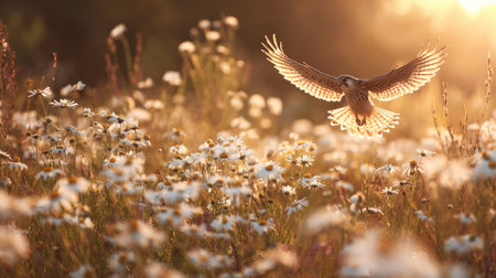 An image captures a bird in mid-flight against a backdrop of wildflowers. The scene is illuminated by warm sunlight, creating a soft, natural glow. The composition features a shallow depth of field, with the bird as the primary focus. This image could be suitable for various commercial or editorial uses.の素材