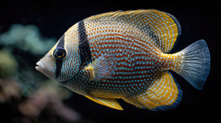 A close-up captures a colorful butterfly fish, exhibiting striking patterns and textures. The fish features a blend of yellow, blue, and black hues, set against a dark backdrop. This image could be suitable for educational materials, illustrating marine life, or enhancing decorative designs. The composition is well-suited for diverse commercial purposes.の素材
