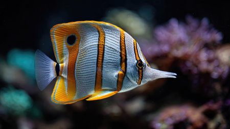 A striking butterflyfish is presented in a close-up view, highlighting its detailed patterns and coloration. The aquatic animal features a mix of white, orange, and black stripes, with a long snout. The image exhibits a shallow depth of field, with a blurred background displaying hints of coral and other underwater life, suitable for various editorial and commercial projects.の素材