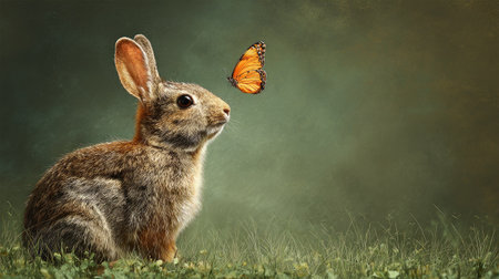 A brown rabbit observes an orange butterfly in this nature-themed image. The soft lighting and shallow depth of field create a dreamy aesthetic. The image features grass, suggesting an outdoor setting. This photograph is ideal for editorial content or commercial applications related to animals or nature.の素材