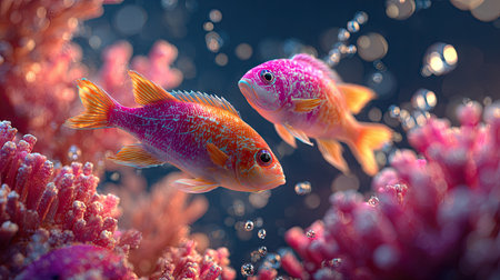 Two brightly colored fish swim amidst vivid coral formations in a detailed underwater scene. The image features a shallow depth of field, with soft lighting and a variety of textures. It presents a dynamic composition with possible uses in aquatic-themed projects and editorial content, conveying a sense of serenity.の素材