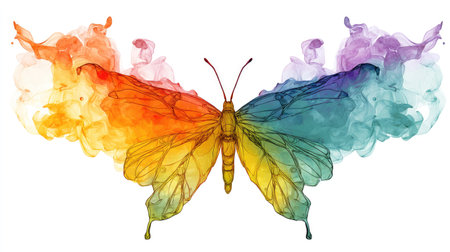 This watercolor illustration features a butterfly with wings painted in vibrant hues. The composition showcases a symmetrical design, with the butterfly set against a white backdrop. The artwork employs an artistic style, using blended colors and soft textures. Suitable for various creative projects, this image can be used for design or decorative purposes.の素材