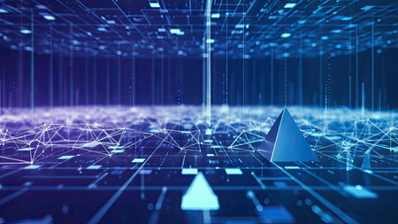 An abstract image showing digital network visualization with interconnected lines and geometric shapes. The composition features a futuristic aesthetic with a dark background and glowing blue and purple tones. Suitable for various design projects and could be used for illustrating technological concepts, data, or innovation.の素材