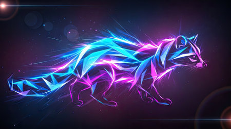 An artistic illustration showcases a raccoon depicted with geometric shapes and radiant neon colors. The image features vibrant blue and purple hues against a dark backdrop. This stylized representation would be suitable for various digital media purposes, including website design and promotional materials.の素材