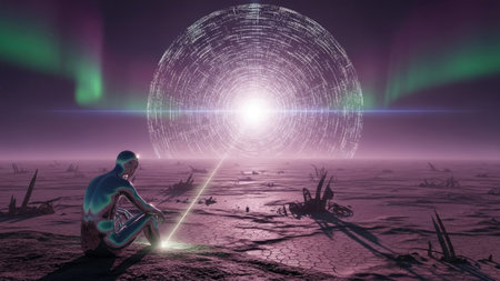 An artistic image presents a reflective figure seated before a large, glowing sphere. The scene features purple hues, and atmospheric lighting suggesting a surreal environment. The futuristic style and the interplay of light and shadow make it suitable for various creative applications. It could be used for conceptual designs.の素材
