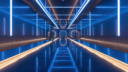 A perspective view displays a futuristic tunnel illuminated by blue and orange neon lights. The reflective floor and ceiling create a symmetrical effect. This modern design suggests a technologically advanced environment. This image is suitable for various commercial uses, including digital art and background.の素材