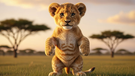 A lion cub is depicted standing on its hind legs in a grassy field. The image showcases warm, natural colors with soft lighting. In the background, there are trees and a sky, suggesting an outdoor environment. Suitable for various editorial and commercial applications.の素材