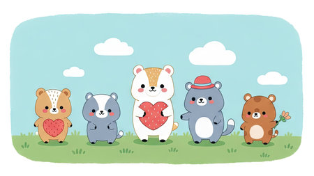 Five cartoon bears stand on green grass under a blue sky, adorned with white fluffy clouds. The bears vary in color and carry symbolic elements, including a heart and a flower. The illustration presents a simple, cheerful style. It could be useful for various design and media projects, suitable for both commercial and editorial applications.の素材