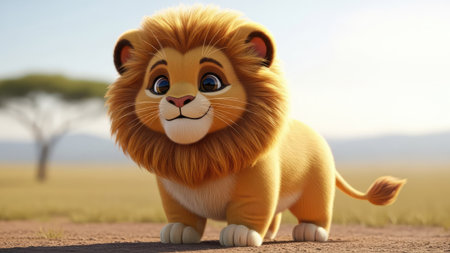 An illustration features a cartoon lion cub with a cheerful expression. The cub's body is a warm yellow color with a fluffy mane of orange-brown. The background hints at an outdoor environment. This image is suitable for various commercial uses, including children's media or educational materials.の素材