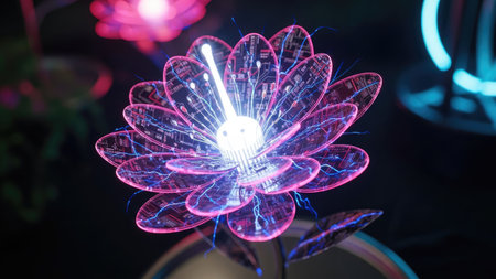 An abstract image showcases a luminous, futuristic flower with intricate details and a neon glow. The petals, stem, and leaves display a network of glowing lines, suggesting advanced technology. The composition and lighting create a modern aesthetic suitable for various applications, including design, decoration, and editorial use.の素材