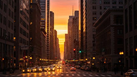 A city street is captured at sunset, displaying tall buildings lining the road. The composition reveals various vehicles, with orange and yellow hues dominating the sky. This image, with its lighting and structure, may be suitable for various editorial or commercial projects.の素材