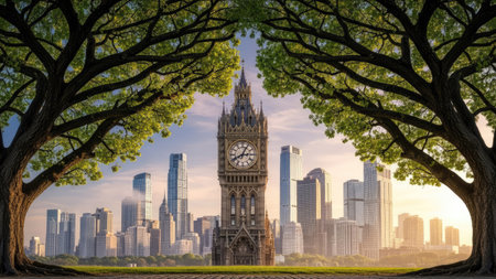 An image showcases a clock tower standing tall amidst a sprawling cityscape. Lush green trees frame the composition, enhancing the natural and architectural contrast. The scene is bathed in sunlight. Suitable for a variety of projects, the image can be used for editorial and commercial purposes.の素材