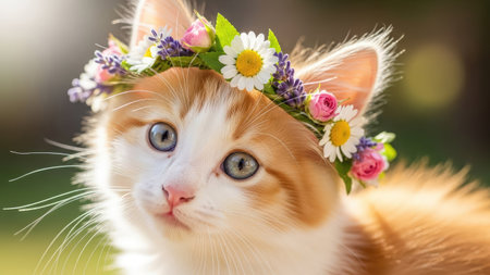 An adorable kitten is adorned with a delicate flower crown, showcasing a close-up profile. The image features warm, soft lighting and a blurred background. The composition highlights the animal's expressive eyes and textured fur. This image is suitable for various commercial uses, including advertising and editorial content.の素材