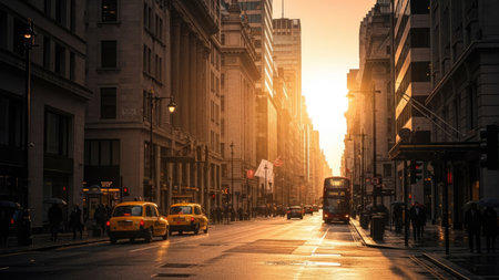 An urban scene depicts a city street lined with tall buildings. Yellow taxis and a double-decker bus travel down the road. The composition features a warm color palette with strong sunlight. This image could be used for various commercial and editorial applications to represent urban life.の素材