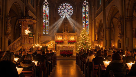 An interior shot showcases a church scene at night with soft lighting. People are seated in pews, illuminated by candlelight. A decorated tree stands near the altar, with light beams radiating from above. The composition emphasizes architecture, textures, and the overall atmosphere, suitable for various editorial and commercial applications.の素材