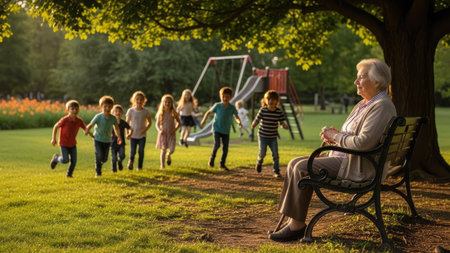 A group of children run playfully in a sunny park setting, their bright clothing contrasting with the green grass. A woman sits on a bench observing. The composition features natural lighting and a wide angle view, ideal for depicting outdoor activities and general leisure.の素材