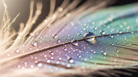A macro shot reveals a feather adorned with delicate water droplets. The feather displays soft, iridescent colors and intricate textures. The composition utilizes shallow depth of field, with focused light highlighting the details. This image is suitable for various commercial uses, including artistic designs and nature-related content.の素材