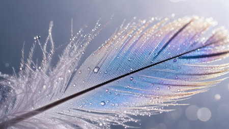 A close-up captures a single feather, showcasing intricate details. Water droplets glisten, enhancing the texture. The feather displays a spectrum of subtle colors against a blurred background. Suitable for various design projects, this image could be used for illustrating concepts like nature or serenity.の素材