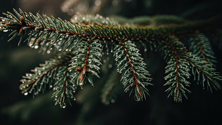 An evergreen branch displays intricate details with glistening water droplets. The image showcases textures, with a dark background enhancing the natural greens and browns. It may be used for environmental illustrations, seasonal designs, or natural-themed projects. The composition offers versatility for various creative or editorial applications.の素材