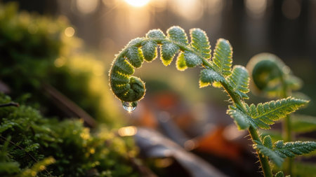 A close-up shot captures a delicate fern leaf with a water droplet, set against a soft, blurred background. The vibrant green color of the leaf contrasts with the earthy tones of the surroundings. The image displays natural lighting, suggesting an outdoor environment and is suitable for various editorial and commercial projects.の素材