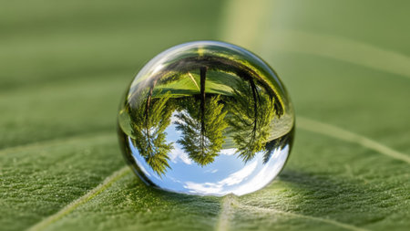 A macro photograph presents a clear water droplet, reflecting a distorted image of trees and sky. The droplet sits on a textured green leaf, showcasing natural patterns. The composition uses selective focus and natural light, suitable for nature-themed projects, editorial content, and various design applications.の素材