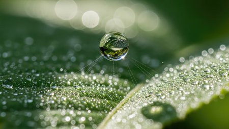 A close-up captures a water droplet resting on a textured green leaf, reflecting the surrounding environment. The image displays a soft-focus background with a bokeh effect from sunlight. This detailed photograph could be suitable for various commercial or editorial applications related to nature and freshness.の素材