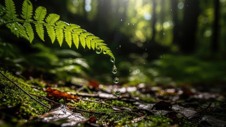 A close-up view presents a fern with droplets of water against a blurred background of a forest. The image shows varying shades of green, with sunlight creating depth. This scene may be suitable for illustrating themes of nature, environment, and freshness, and it can be used for various design projects.の素材