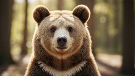 A close-up image showcases a brown bear with a focused gaze, against a backdrop of a blurred forest. The bear's fur displays shades of brown, and the lighting suggests a sunny day. This image could be used for various commercial or editorial purposes related to wildlife or nature themes.の素材