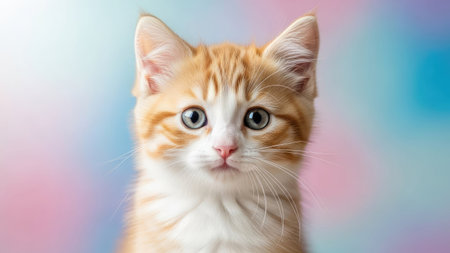A close-up studio photograph showcases a small kitten with a mix of ginger and white fur. Its bright blue eyes are the focal point, against a soft, colorful background. The image likely has commercial appeal for various design projects and marketing materials. The lighting creates a pleasant visual.の素材