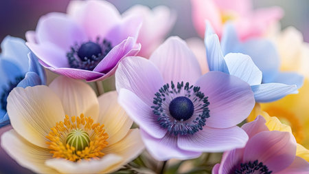 This image showcases a vibrant bouquet of anemone flowers. The composition highlights the delicate petals and centers of the flowers, featuring hues of purple, blue, yellow, and pink. The lighting appears soft, creating a visually appealing arrangement. Suitable for use in various design projects or visual content.の素材