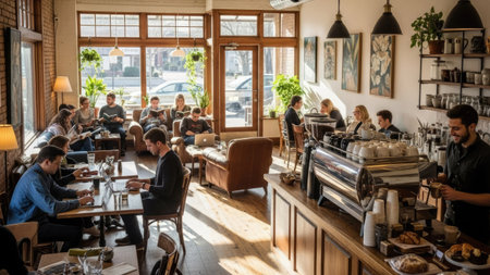 An interior shot showcases a cafe environment bustling with activity. Individuals are seen working and socializing. The scene is illuminated by natural light, the composition highlights coffee machines. This image is suitable for various commercial uses, including website design, advertising, and editorial content.の素材