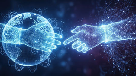 Two digital hands reach out towards a glowing globe, rendered in a network of blue lines and points. The image features a futuristic style with a dark background and bright highlights. Suitable for illustrating technology, communication, and global concepts, this image is ideal for various commercial and editorial applications.の素材