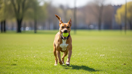 A dog is captured in motion, running across a grassy field while holding a ball. The image features a dog with a tan and white coat against a green background. The composition suggests an outdoor environment, with natural light and a blurred background. Suitable for various commercial and editorial applications.の素材