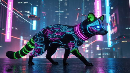 A digitally rendered raccoon, adorned with glowing circuits, walks confidently. Vibrant neon lights illuminate a city backdrop, creating a futuristic ambiance. The artwork employs bright colors and detailed textures. This image suits various commercial applications, including technology and design projects, providing a unique visual.の素材