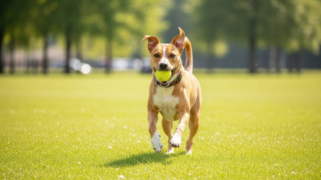 A brown and white dog joyfully runs across a grassy field, holding a yellow tennis ball in its mouth. The image showcases natural daylight, with soft focus on a blurred background. This visual could be used in various commercial or editorial projects related to animals and leisure.の素材