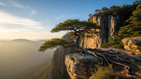 An impressive view of a tree perched atop a rocky cliff edge, bathed in warm sunlight. The image showcases the tree's green foliage, exposed roots, and the textures of the stone. The composition hints at a natural environment, possibly outdoors during daylight. Suitable for various editorial and commercial applications.の素材