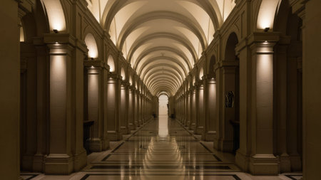 An interior shot reveals a long corridor featuring repeating arches, pillars, and overhead lighting. The composition uses perspective to draw the eye towards a distant point. The color palette consists of neutral tones, offering a sense of depth and symmetry. This image is suitable for architectural visualization, design projects, and visual storytelling.の素材