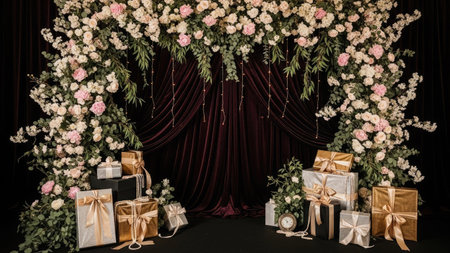 A lavish arrangement features a floral arch overflowing with blooms, encompassing a display of wrapped gifts. The composition showcases a dark curtain backdrop, emphasizing the vibrant colors of the flowers and packages. This scene evokes a sense of festivity and is suitable for various commercial projects.の素材