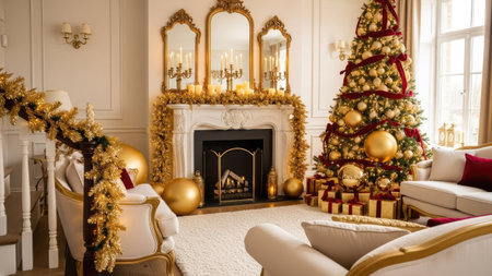 An interior scene showcases a decorated Christmas tree with ornaments and a fireplace. The room features gold and red accents. The overall style is luxurious with an emphasis on decorative elements and festive ambiance. Ideal for holiday-themed advertising, greeting cards, or editorial content.の素材