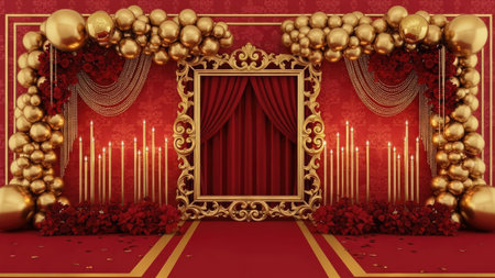 An opulent interior scene features a red backdrop adorned with golden balloon clusters, a decorative frame, and candles. Rich red curtains and a pathway further enhance the design, with a focus on symmetry and a regal atmosphere. Suitable for events, announcements, and presentations.の素材