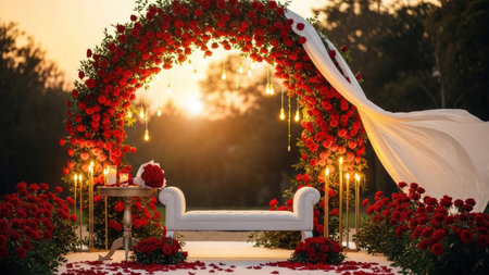 A romantic scene showcases a floral arch composed of vibrant red roses, framing a small seating area. The composition features a bench, candles, and flowing white fabric. Soft, warm lighting suggests a sunset backdrop, casting a glow over the natural setting, suitable for various editorial and commercial applications.の素材