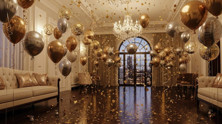 An interior shot features a room filled with balloons in shades of gold and silver. A grand chandelier and decorative elements enhance the celebratory atmosphere. The lighting is warm and inviting, highlighting textures and reflecting off the polished surfaces. This image is suitable for various commercial uses related to events and celebrations.の素材
