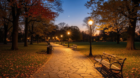 An evening scene features a paved pathway leading through a park, illuminated by streetlights. Benches are positioned along the path. Autumn foliage displays warm colors, contrasting with the cool tones of the twilight sky. The image offers potential for visual content relating to leisure, landscapes, and seasonal themes.の素材