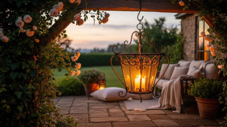 An evening scene shows a patio with a hanging lantern containing lit candles. Soft light illuminates a seating area, with pillows and cushions. The composition includes foliage and suggests a peaceful setting. Suitable for themes of relaxation, interior design, and lifestyle visuals.の素材